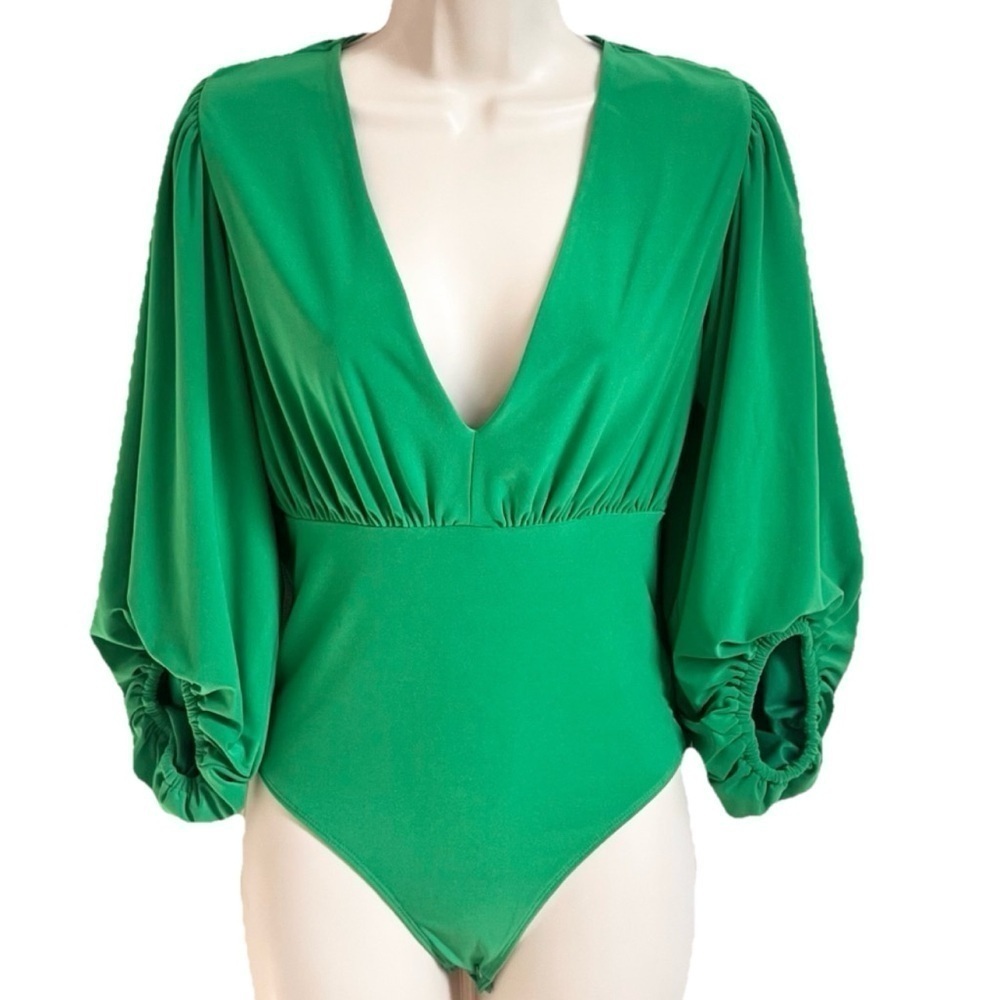 NEW Express Deep V Neck 3/4 Balloon Sleeve Bodysuit Extra Small Solid Green